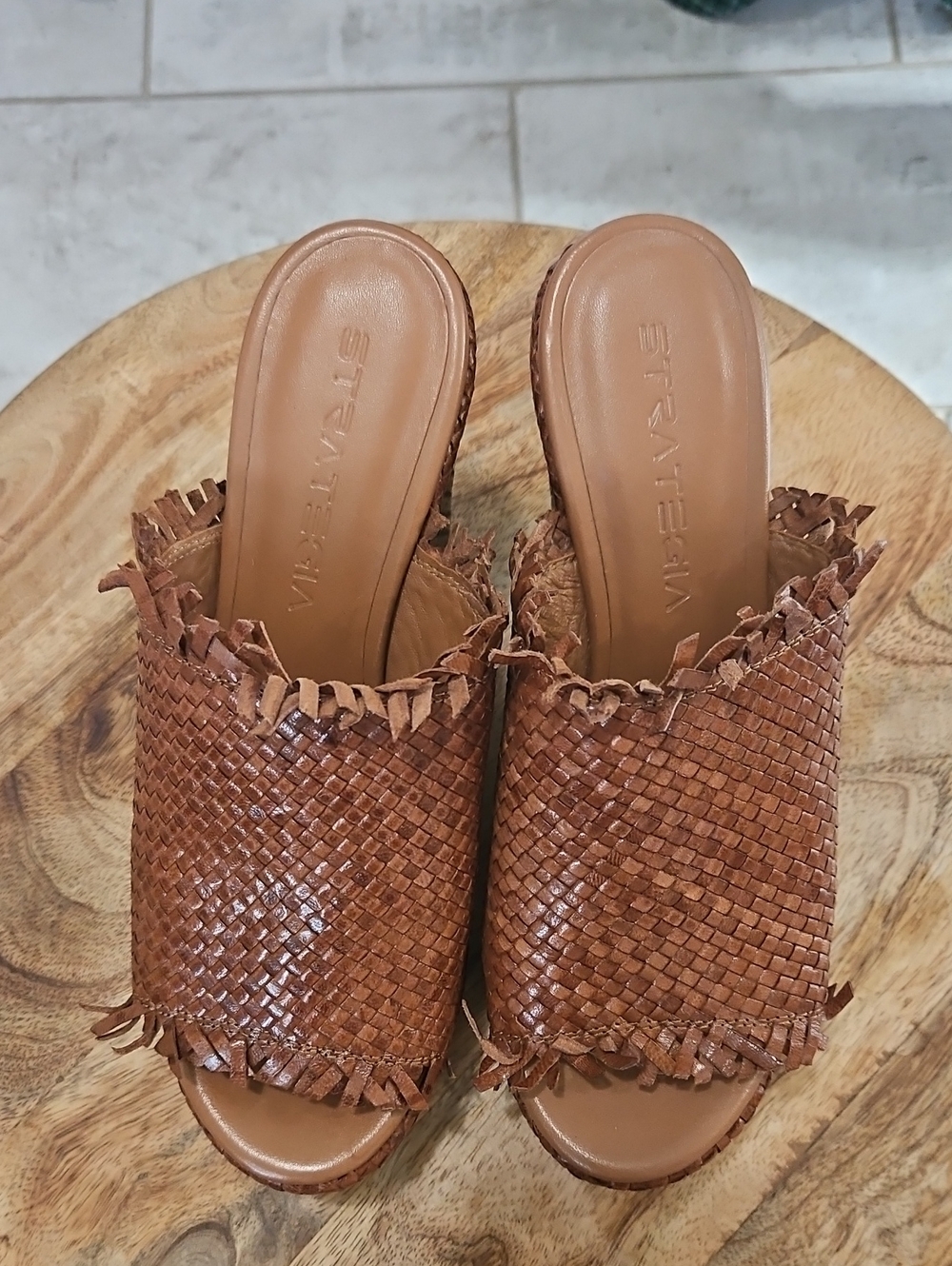 Strategia Tan Woven Leather Slide Clogs with Fringe